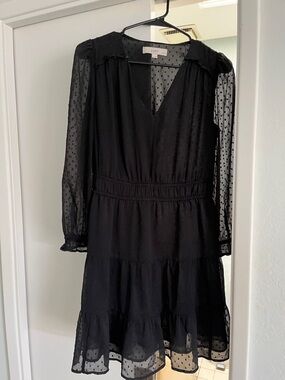 LOFT Black Swiss Dot Tiered Long Sleeve Dress